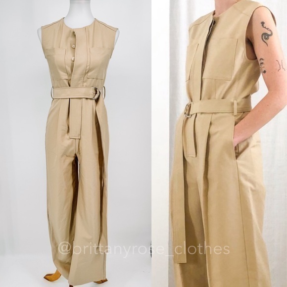 OSMOSIS Japanese Belted Wide Leg Trouser Jumpsuit in Light Tan Khaki - Picture 1 of 9
